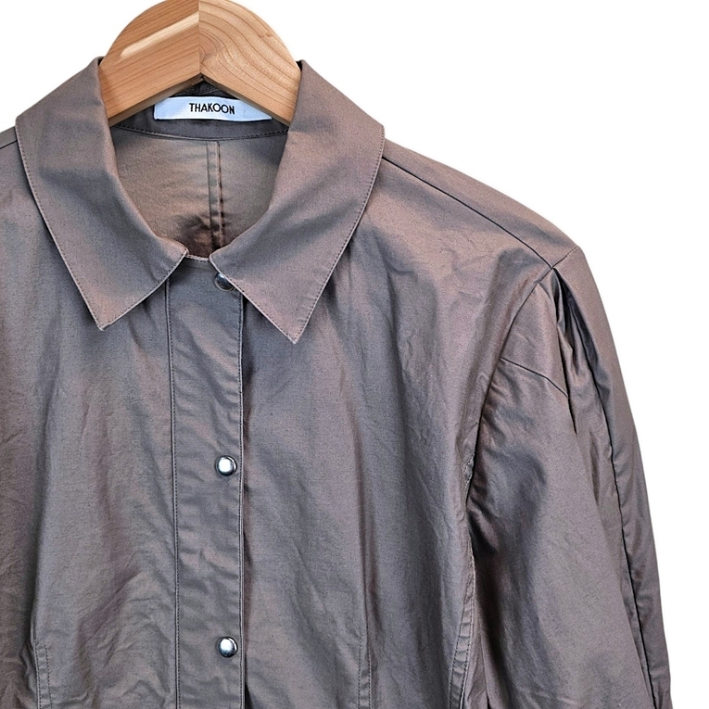 Thakoon Cotton Puff Sleeve Shirt Jacket Sz 6 Taupe Fitted Avant Garde Unique - Picture 11 of 16